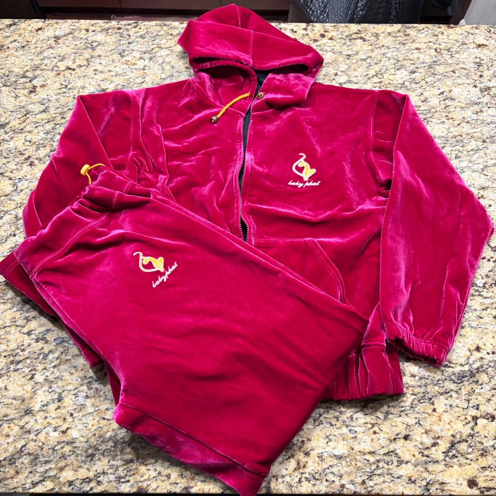 Baby Phat Pink Velour Tracksuit Set Hoodie Pants XL Y2K Streetwear Magenta v